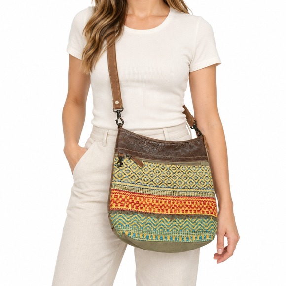 Myra Bag Handbags - Myra Canvas Leather Woven Crossbody Bag Boho Western Fringe Adjustable Strap